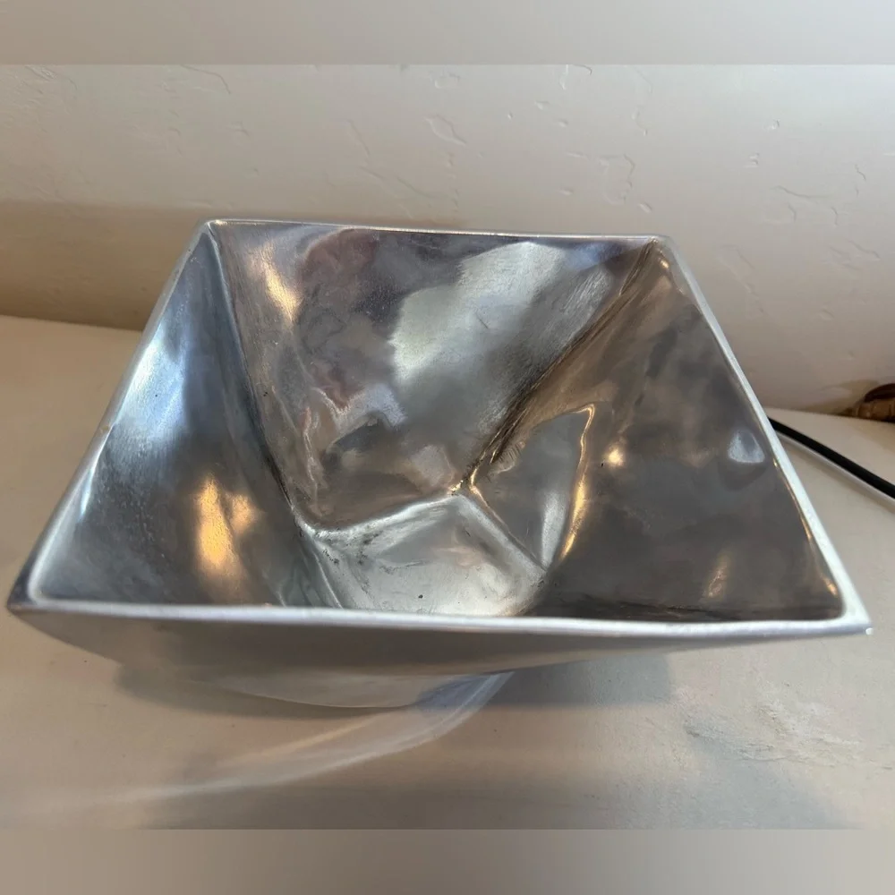 Vintage Large Square Pewter Metal Bowl Fruit‎ Basket Diamond Twist Art Decor